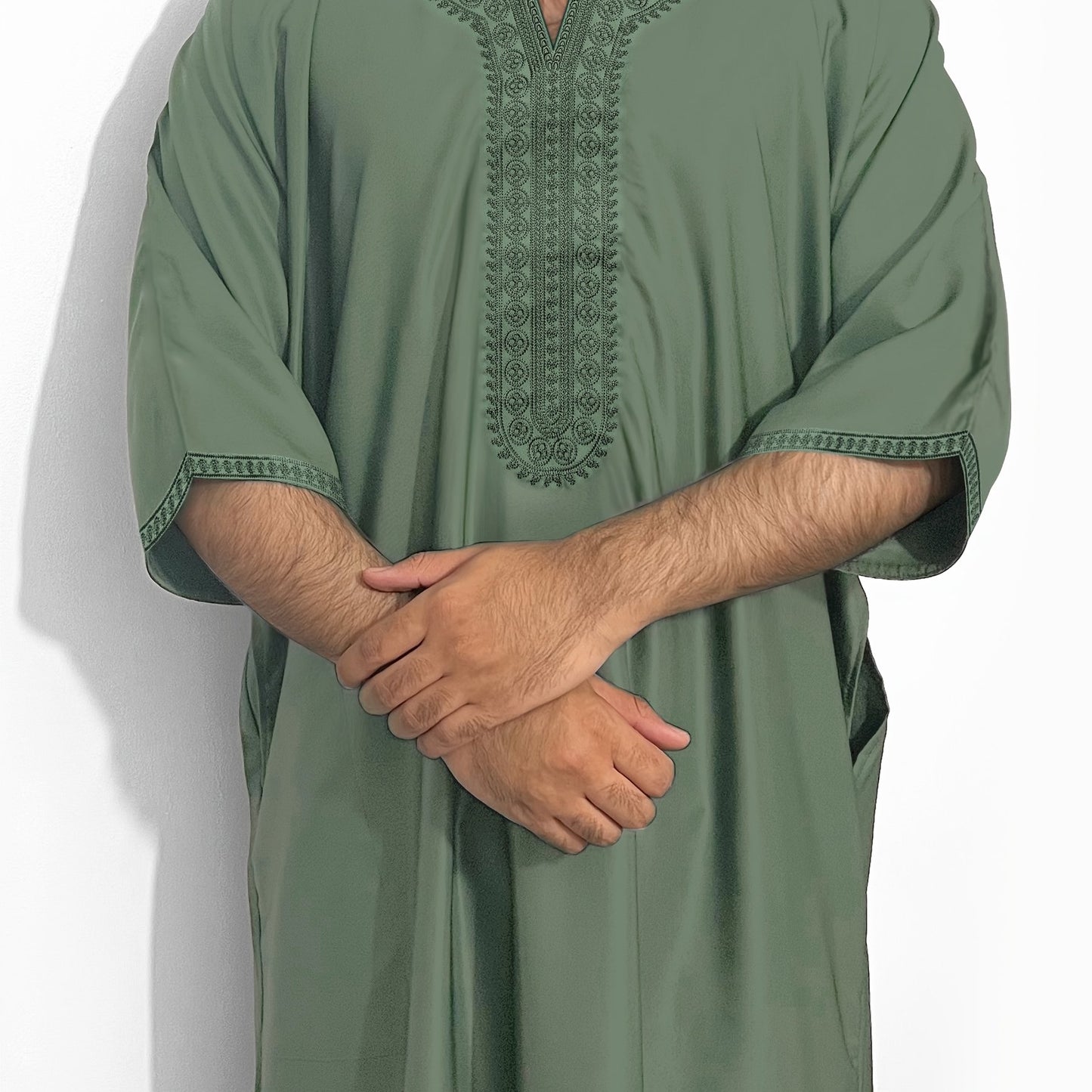 Men'S Moroccan-Inspired Olive Green Kaftan with Intricate Embroidery - Casual Loose Fit, V-Neck, Side Pockets, Perfect for Home & Casual Wear, Casual Wear Robe | Embroidered Kaftan | Detailed Embroidery, Kaftan for Men