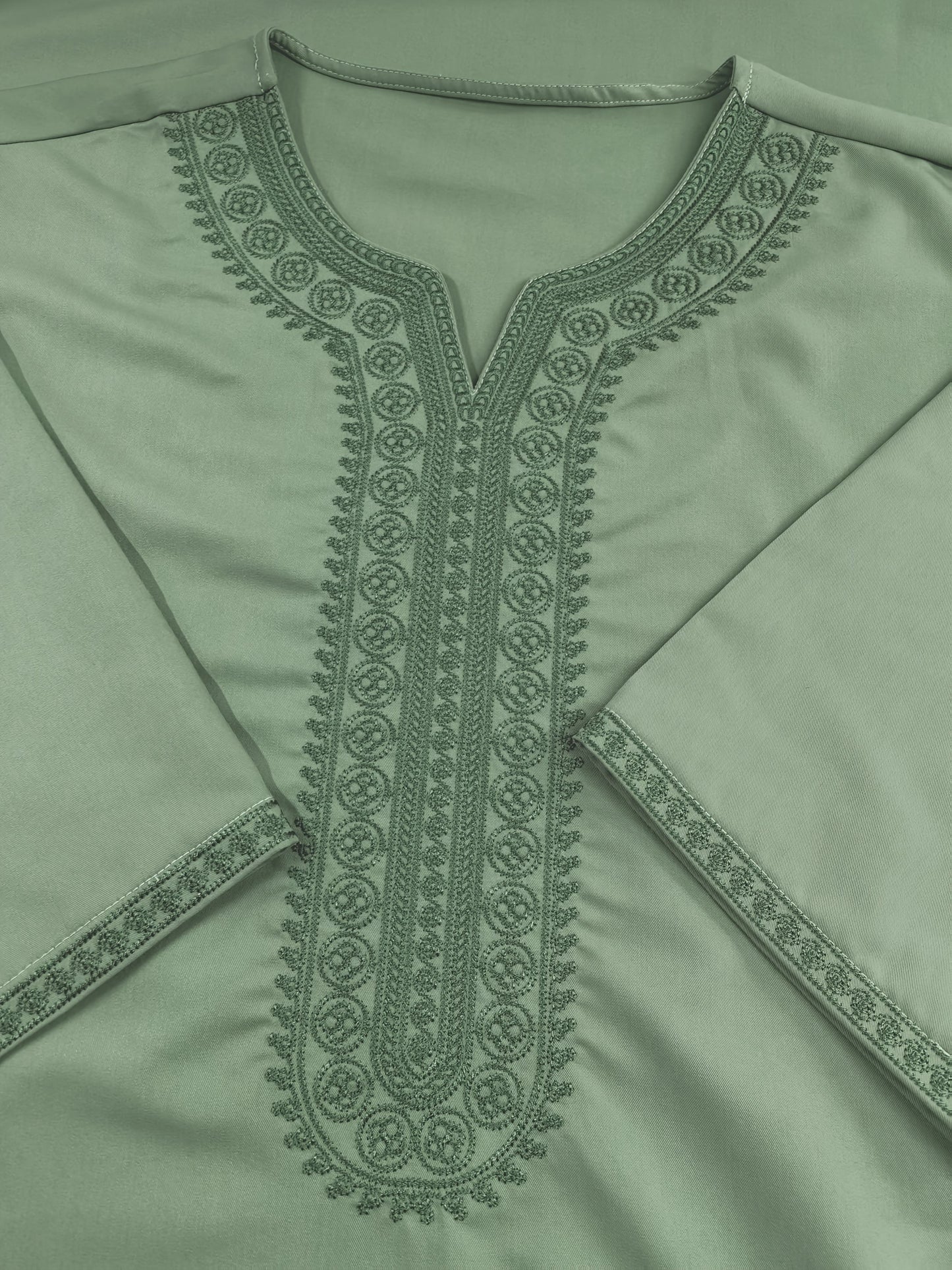 Men'S Moroccan-Inspired Olive Green Kaftan with Intricate Embroidery - Casual Loose Fit, V-Neck, Side Pockets, Perfect for Home & Casual Wear, Casual Wear Robe | Embroidered Kaftan | Detailed Embroidery, Kaftan for Men