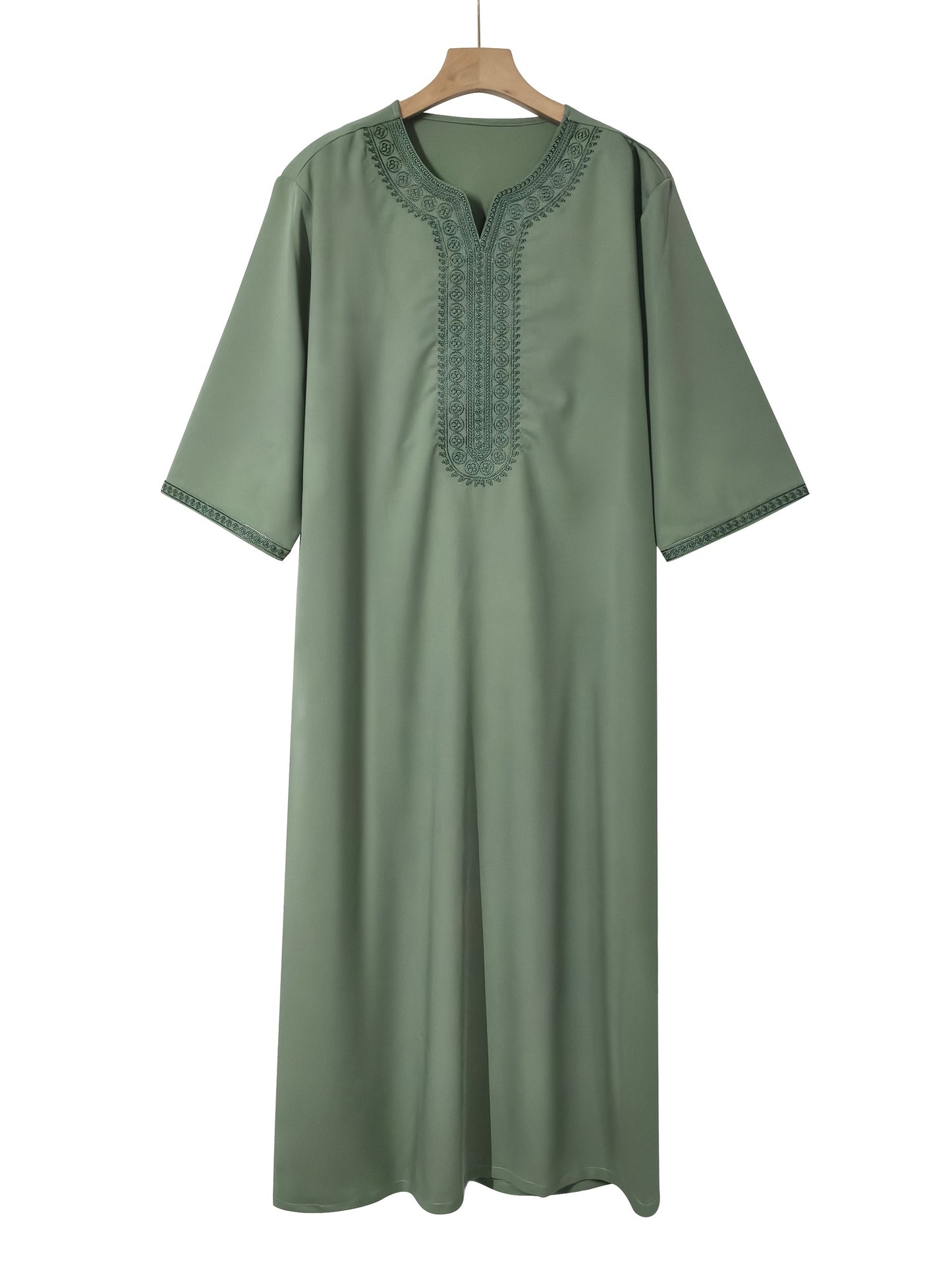 Men'S Moroccan-Inspired Olive Green Kaftan with Intricate Embroidery - Casual Loose Fit, V-Neck, Side Pockets, Perfect for Home & Casual Wear, Casual Wear Robe | Embroidered Kaftan | Detailed Embroidery, Kaftan for Men