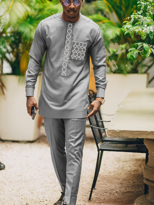 Elegant Relaxed Fit Men's Traditional Attire - Intricate Pattern Design, Comfortable, Perfect for Casual and Cultural Occasions in All Seasons