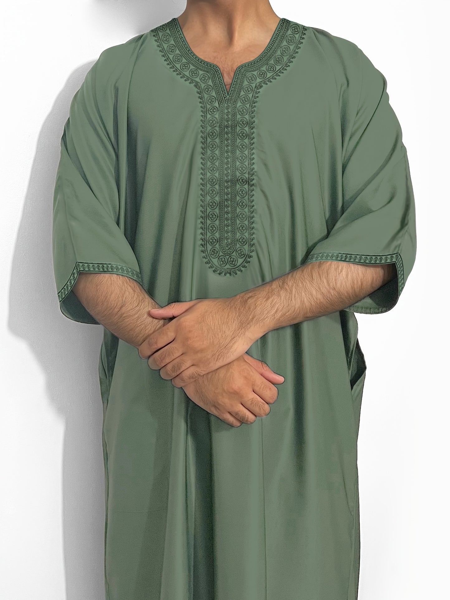 Men'S Moroccan-Inspired Olive Green Kaftan with Intricate Embroidery - Casual Loose Fit, V-Neck, Side Pockets, Perfect for Home & Casual Wear, Casual Wear Robe | Embroidered Kaftan | Detailed Embroidery, Kaftan for Men